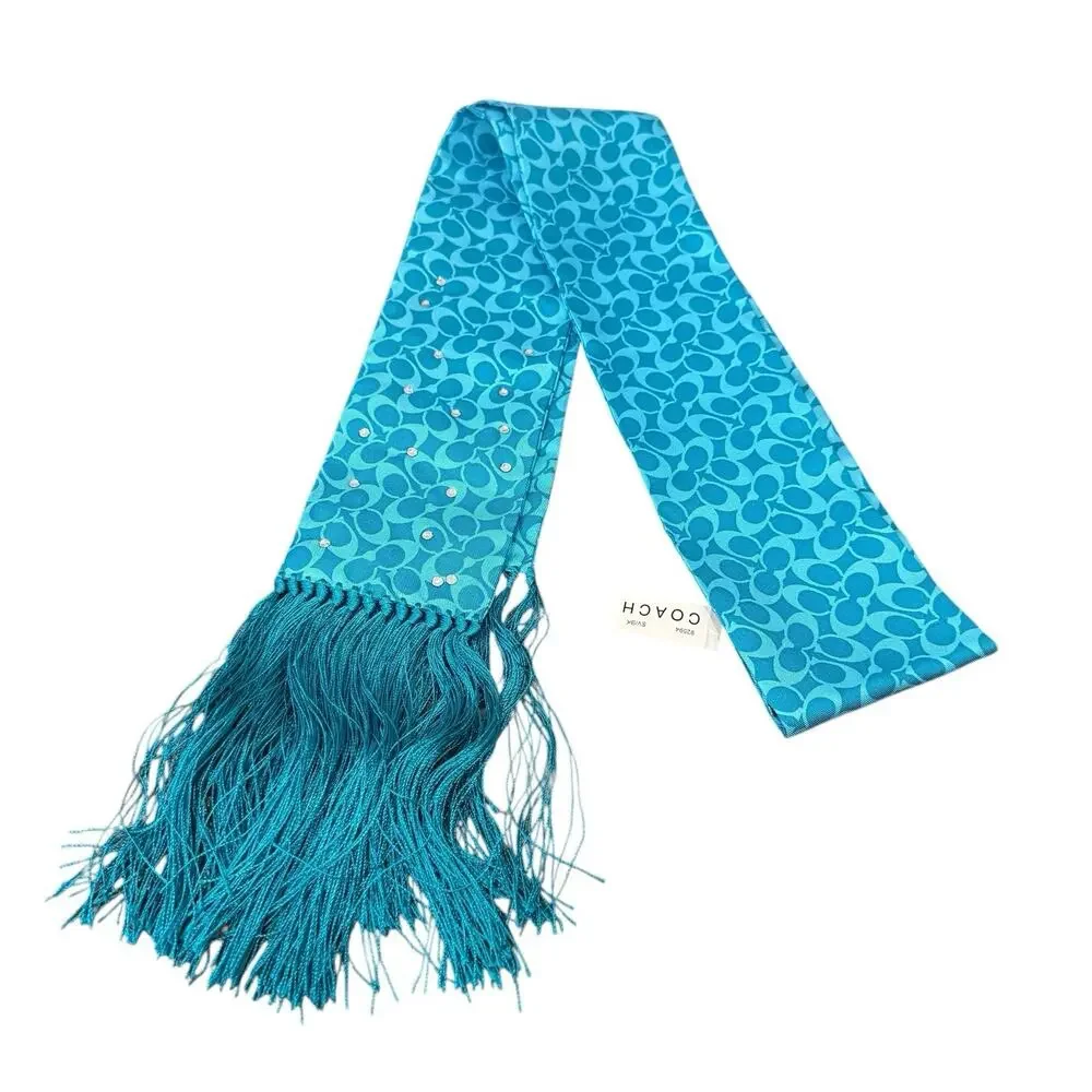 Coach Women 100% Silk Signature Logo Rhinestone Fringe Scarf Teal New With Box - Picture 3 of 8